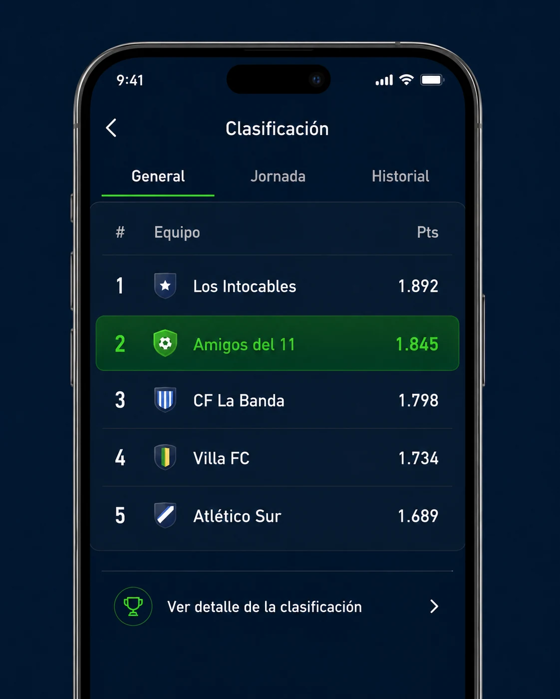 Vista de clasificación de liga en Cantera Fantasy